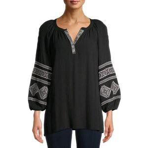 The Pioneer Woman Embroidered Peasant Tunic Sz M 3/4 Puff Sleeve Boho Black